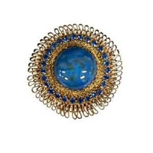 Vintage AUSTRIA Brooch – Blue Cabochon & Blue Rhinestones – Gold Tone Filigree –